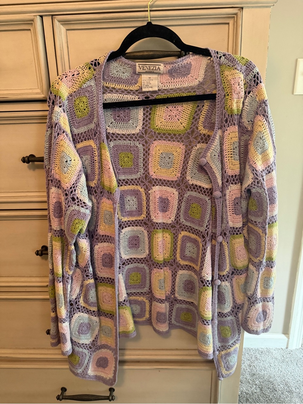 Venezia Pastel Lavender Crochet Cardigan with Multicolor Squares